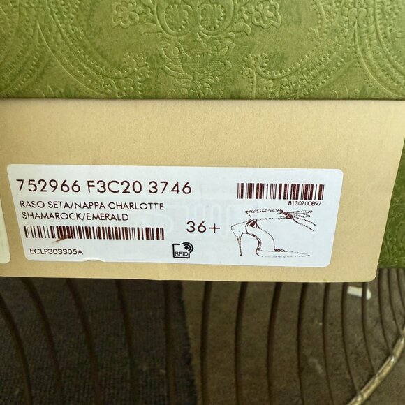 GUCCI 752966 Priscilla Emerald Green Satin Strap Gold Stiletto Heel 36+, US 6.5 - Picture 16 of 16